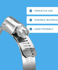 Close-up of KE24BX 10 Piece SAE 24 Hose Clamp Set in silver with 300 series stainless steel, showing screw mechanism against plain background.