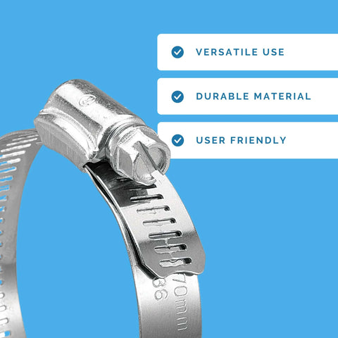 Close-up of KE24BX 10 Piece SAE 24 Hose Clamp Set in silver with 300 series stainless steel, showing screw mechanism against plain background.