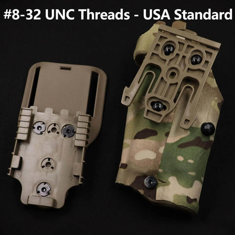 Gun holster with black screws and T nuts, Safariland QLS compatible, showing mounting hardware and camouflage pattern