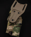 Holster setup with 12 Sets Black Gun Holster Screws and Anti-Slip 3 Prong T Nuts Kit for Safariland QLS System in camouflage pattern.