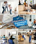 Collage showing various environments with people: home, office, retail, hospital, institution, industrial with 'Safeguarding Everywhere, Always!' text.