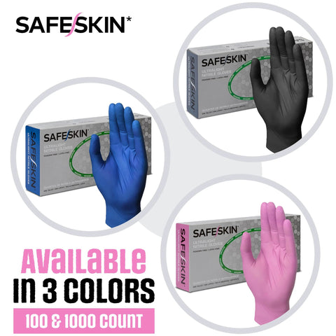 Ultralight Nitrile Gloves 2.0 Mil Powder Free Latex Free Magenta X Large 100 shown in black, blue, and magenta colors.