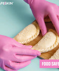 Person wearing Ultralight Nitrile Gloves 2.0 Mil Powder Free Latex Free Magenta X Large 100 handling dough.