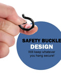 Close-up of hand holding safety buckle with text 'Safety Buckle Design' on blue circle background, ensuring secure hanging.