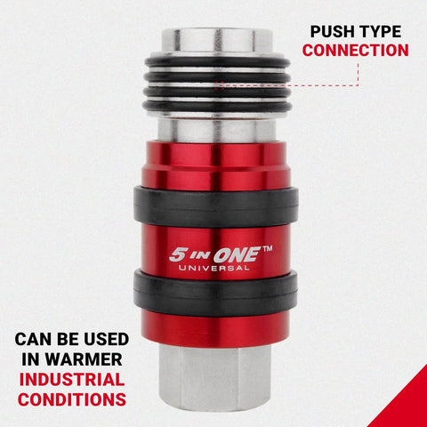 Five Pack All In One Universal Safety Exhaust Coupler Kit One Quarter Inch Body And NPT Red Hose Fittings for air tools.