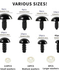 Safety Eyes Kit 8 Sizes 6 To 18mm With Washers For Amigurumi And DIY Crafts, showing various sizes and matching washers.