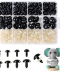 Clear case with Safety Eyes Kit 8 Sizes 6 To 18mm With Washers for Amigurumi and DIY crafts, featuring black eyes and washers.