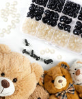 Safety Eyes Kit 8 Sizes 6 To 18mm With Washers for Amigurumi and DIY crafts, shown with teddy bears, assortment of eyes and washers