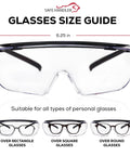 Size guide for Duarte Premium Over Glasses Safety Eyewear With Anti Fog Lenses ANSI Z87.1, showcasing fit over various frame shapes.
