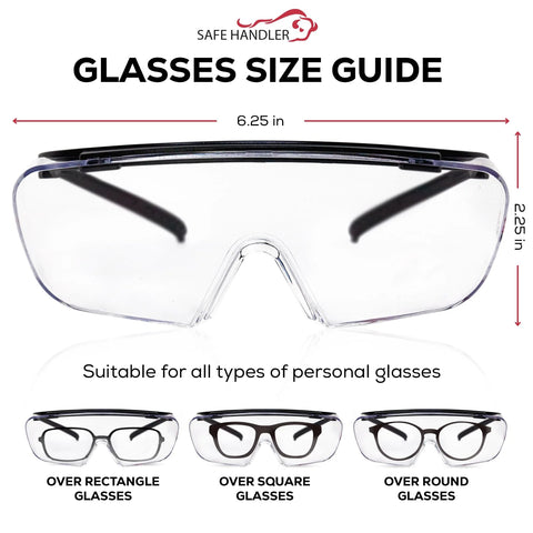 Size guide for Duarte Premium Over Glasses Safety Eyewear With Anti Fog Lenses ANSI Z87.1, showcasing fit over various frame shapes.