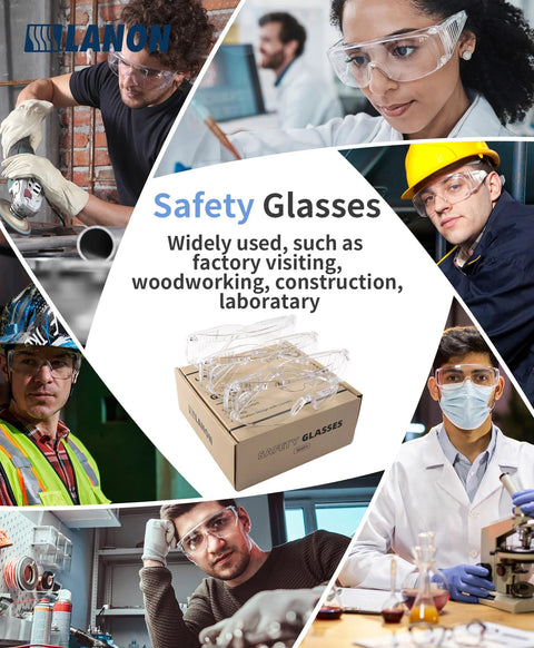 Collage of professionals using Three Pack Over Eyeglasses Safety Goggles ANSI Z87.1 Anti Fog Scratch UV Wrap in various work settings