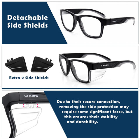 Side view of black Safety Glasses With Anti Fog Lenses And Shields ANSI Z87 1 UV Protection, showing detachable side shields.