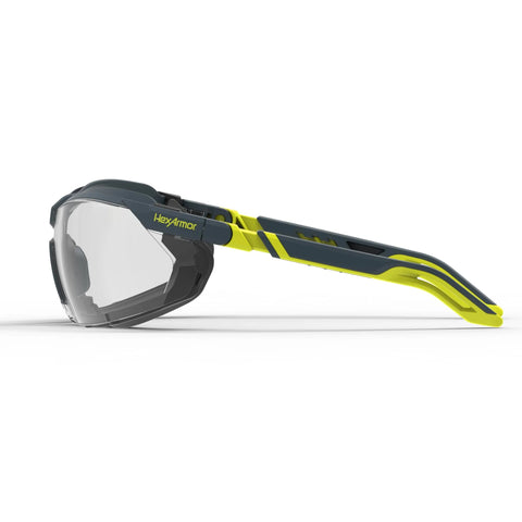 Side view of Safety Glasses With Removable Foam Gasket TruShield Anti Fog Adjustable Fit featuring yellow and black adjustable arms.