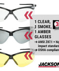 SG Safety Glasses Anti Scratch Lenses With Flexible Frames ANSI Z87.1 Pack Of 3 shown in clear, smoke, and amber colors.