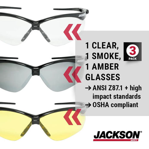 SG Safety Glasses Anti Scratch Lenses With Flexible Frames ANSI Z87.1 Pack Of 3 shown in clear, smoke, and amber colors.