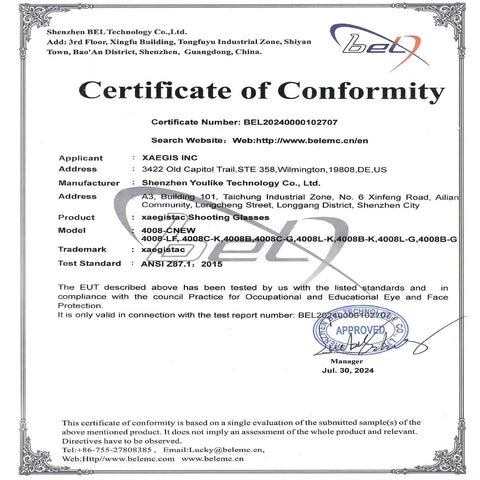 Certificate of Conformity for Anti Fog Hunting Glasses With Case For Adults UV400 Wraparound Safety Glasses