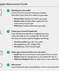 Stoggles measurement guide for selecting safety glasses based on face width and current eyeglass size.