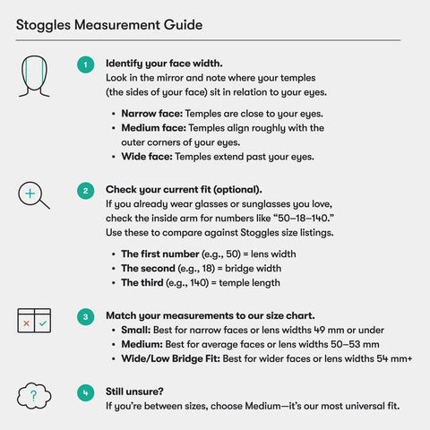 Stoggles measurement guide for selecting safety glasses based on face width and current eyeglass size.