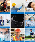 Collage showing various uses for Anti Fog Safety Glasses Wide Eye Shield ANSI Z87.1 EN 166 UV Protected 2 Pack, including outdoor sports and construction.