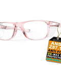 Clear pink ANSI Z87+ safety glasses with side shields and anti-fog protection for labs and sports, with a certification tag.