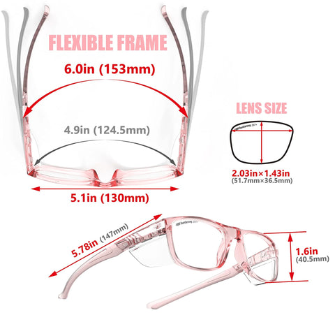Diagram of Safety Glasses With Side Shields Z87 Anti Fog Scratch Resistant Labs And Sports showing flexible frame and dimensions
