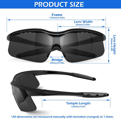 6 Pack Tinted Safety Glasses ANSI Z87.1 UV Block Eye Protection for Men and Women, size dimensions displayed.