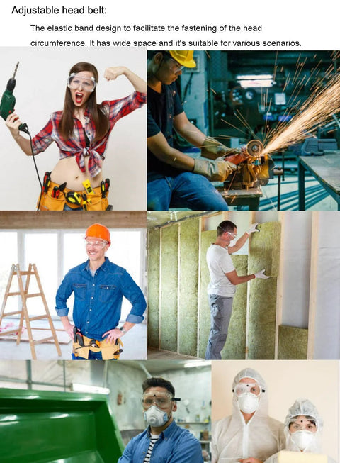 Various people wearing protective safety goggles anti splash wide vision fits over prescription glasses in industrial settings.