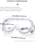 Protective Safety Goggles Anti Splash Wide Vision Fits Over Prescription Glasses with dimensions and size details.