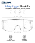 Three Pack Over Eyeglasses Safety Goggles ANSI Z87.1 Anti Fog Scratch UV Wrap size guide, fits over glasses, lightweight.