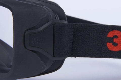Close-up of GoggleGear 3000 Series Z87.1 Anti Fog Anti Scratch Safety Goggles TPV Shroud strap and side view of black shroud