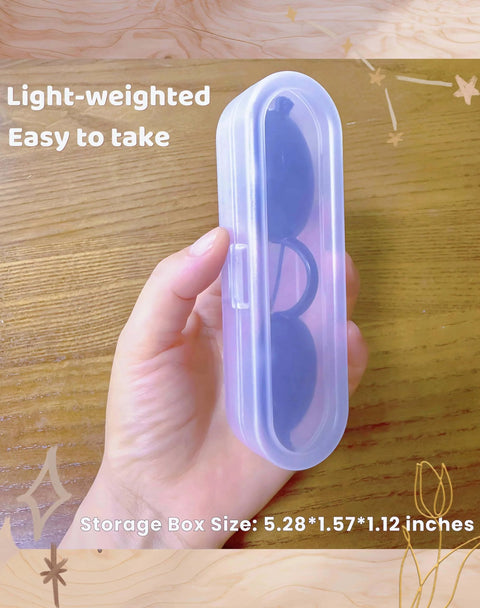 Hand holding storage box with transparent safety goggles for eye protection 1 pack, light-weight and easy to carry.