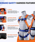 Full Body Safety Harness With Shock Absorbing Lanyard For Fall Protection OSHA And ANSI Compliant Unisex Gear shown from front with features highlighted.