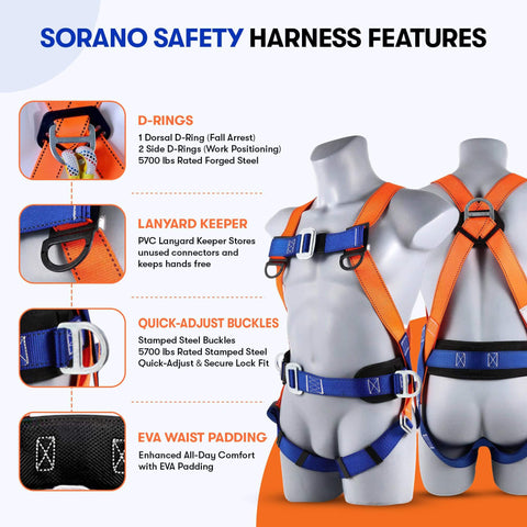 Full Body Safety Harness With Shock Absorbing Lanyard For Fall Protection OSHA And ANSI Compliant Unisex Gear shown from front with features highlighted.