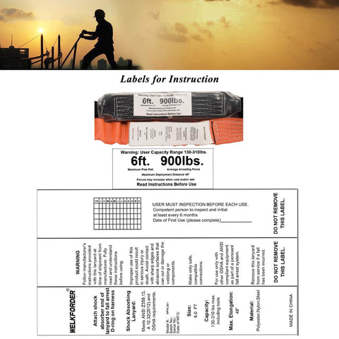 Industrial Fall Protection Safety Harness With 6-Foot Shock Absorber Lanyard Permanent Attached Kit For Personal Fall Arrest System PFAS ANSI Compliant For Construction Roofing Climbing Window Cleaning And More product label and specifications.