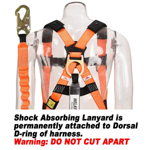Industrial Fall Protection Safety Harness With 6-Foot Shock Absorber Lanyard Permanent Attached Kit displayed on a mannequin