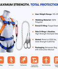 Full Body Safety Harness With Shock Absorbing Lanyard For Fall Protection OSHA And ANSI Compliant displayed on mannequin