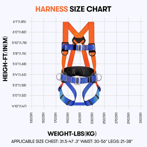 Full Body Safety Harness With Shock Absorbing Lanyard For Fall Protection OSHA And ANSI Compliant Unisex Gear size chart