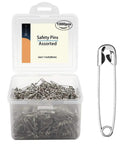 Bulk 1000-Piece 1.1-Inch Clips Tool Kit With Assorted Decorative Pins For Sewing And Crafting, Heavy-Duty Metal Safety Pins, Reusable Sewing Accessories For DIY Projects And Repairs in transparent box with single pin visible.