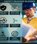 Worker wearing Magnifying Safety Glasses With UV Protection Z87.1 Frame 1.50 Diopter Lens, checking documents, infographic overlay.