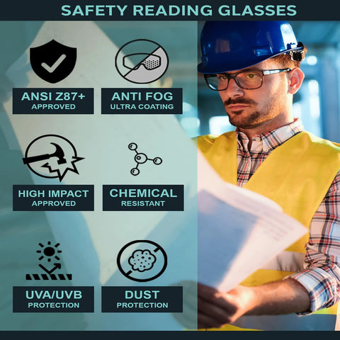 Worker wearing Magnifying Safety Glasses With UV Protection Z87.1 Frame 1.50 Diopter Lens, checking documents, infographic overlay.
