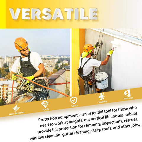 Fall Protection Safety Rope Kit 50 Ft Heavy Duty Vertical Roofing Rope With Alloy Steel Grab Hooks in use by workers on rooftops