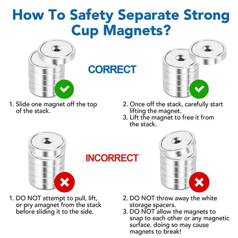 Instructions on how to safely separate 150 Lb Cup Magnets With Holes For Wall Mounting Waterproof Neodymium Magnets With Screws 6 Pack