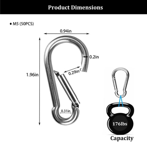 Diagram showing dimensions of Pack Of 50 Two Inch Safety Spring Snap Hooks Carabiner Clips M5 3/16 Inch Quick Link