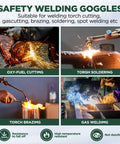 Safety welding goggles for cutting, soldering, brazing, welding; includes oxy-fuel cutting, torch brazing, and gas welding images.