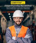 Worker in safety gear smiling in a warehouse, wearing a hard hat, safety goggles, and high-visibility vest with GZBEVITAR Tools sign.