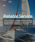 Sailing yacht with text overlay about reliable service and customer support in a marine setting.