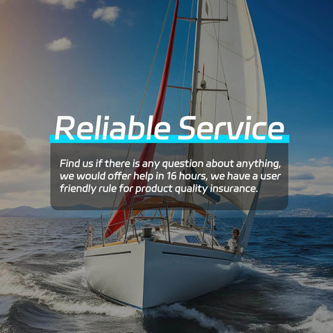 Sailing yacht with text overlay about reliable service and customer support in a marine setting.