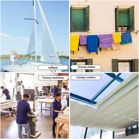 Split image showing a sailboat on water, clothes drying on a line, workers in a factory workshop, and canopy curtains overhead.