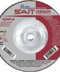 Grinding disc with SAIT branding, circular shape, red and silver label, showing specifications and barcode on the front surface.