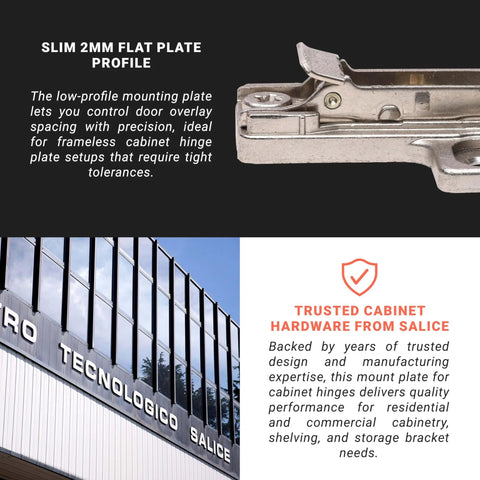 10 Pack Salice Screw On Domi Mounting Plate 2mm Frameless Cabinet Hinge Base Zinc Die Cast with Text About Slim Profile
